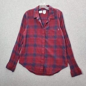 VANS Men Button Up Shirt L Red Plaid Flannel Off The Wall Long Sleeve Collar d
